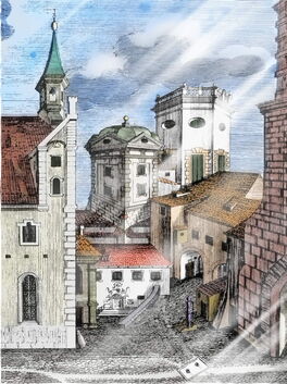 Wassertürme am Roten Tor, Augsburg, Wasserwirtschaft, Wasserturm, Neßenthaler nach Caspar Walter 1760, coloriert 2019, Wassertürme am Roten Tor, Augsburg, Wasserwirtschaft, Wasserturm, Neßenthaler nach Caspar Walter 1760, coloriert 2019,