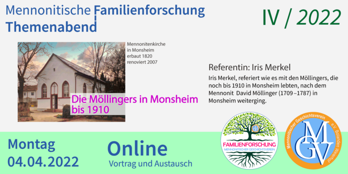 Mennonitischen Geschichtsverein, Forschungsstelle, Familienforschung, Familie Möllinger in Monsheim.