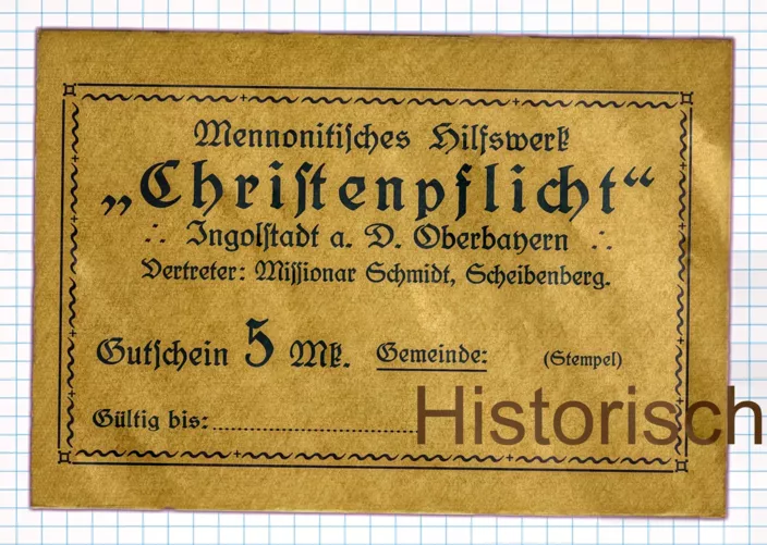 Mennonitisches Hilfswerk „Christenpflicht“ Guschein von 1920.