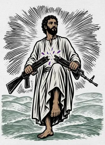 Bild Zeigt Jesus zerbricht das Gewehr.