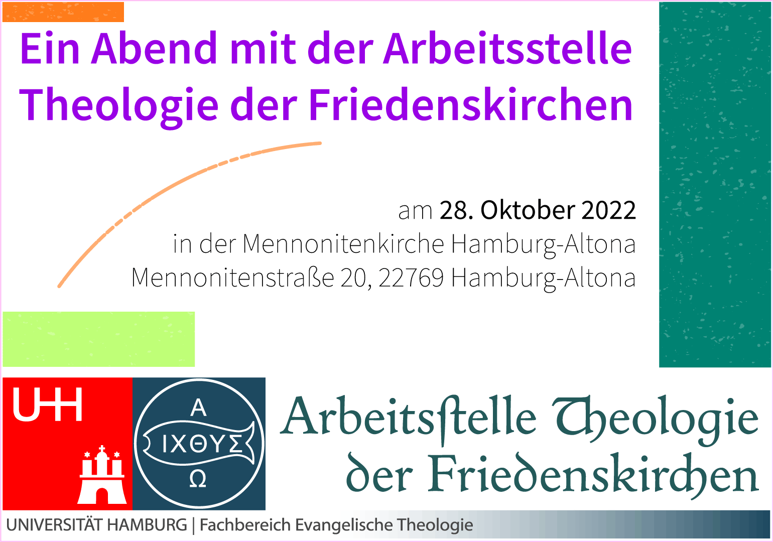 Arbeitsstelle Theologie der Friedenskirchen, Uni Hamburg, Abend.